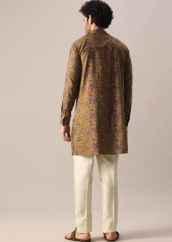 Yellow Kurta Set In Cotton Silk With Multi Color Floral Prints