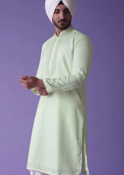 Yellow Kurta Set In Raw Silk With Threadwork
