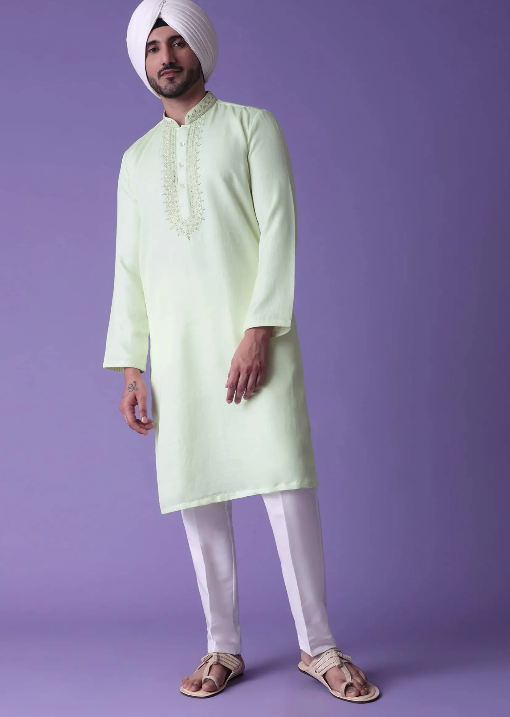 Yellow Kurta Set In Raw Silk With Threadwork