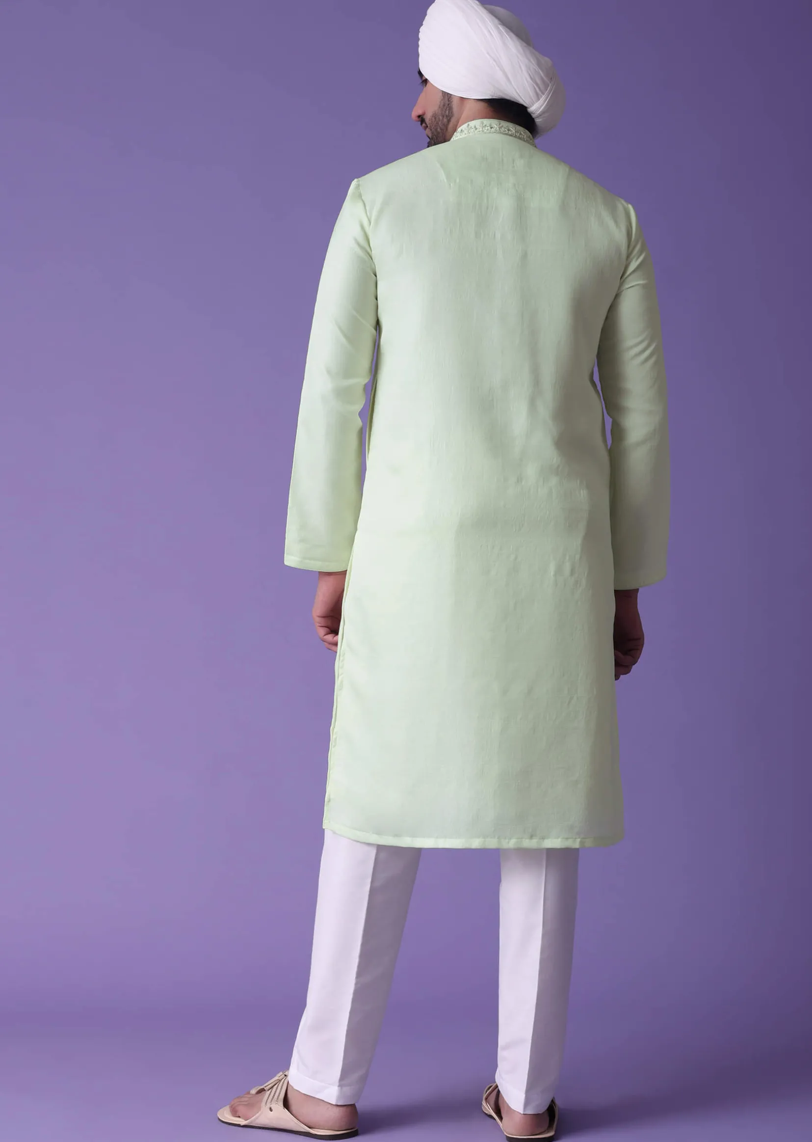 Yellow Kurta Set In Raw Silk With Threadwork