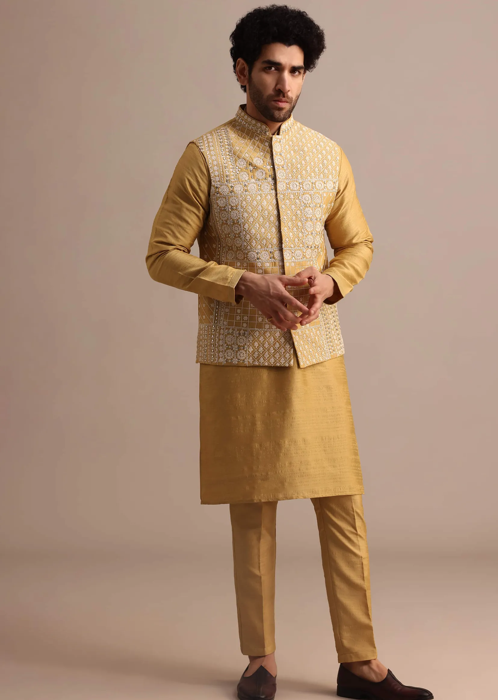 Yellow Kurta Set With Thread And Mirror Embroidered Jacket