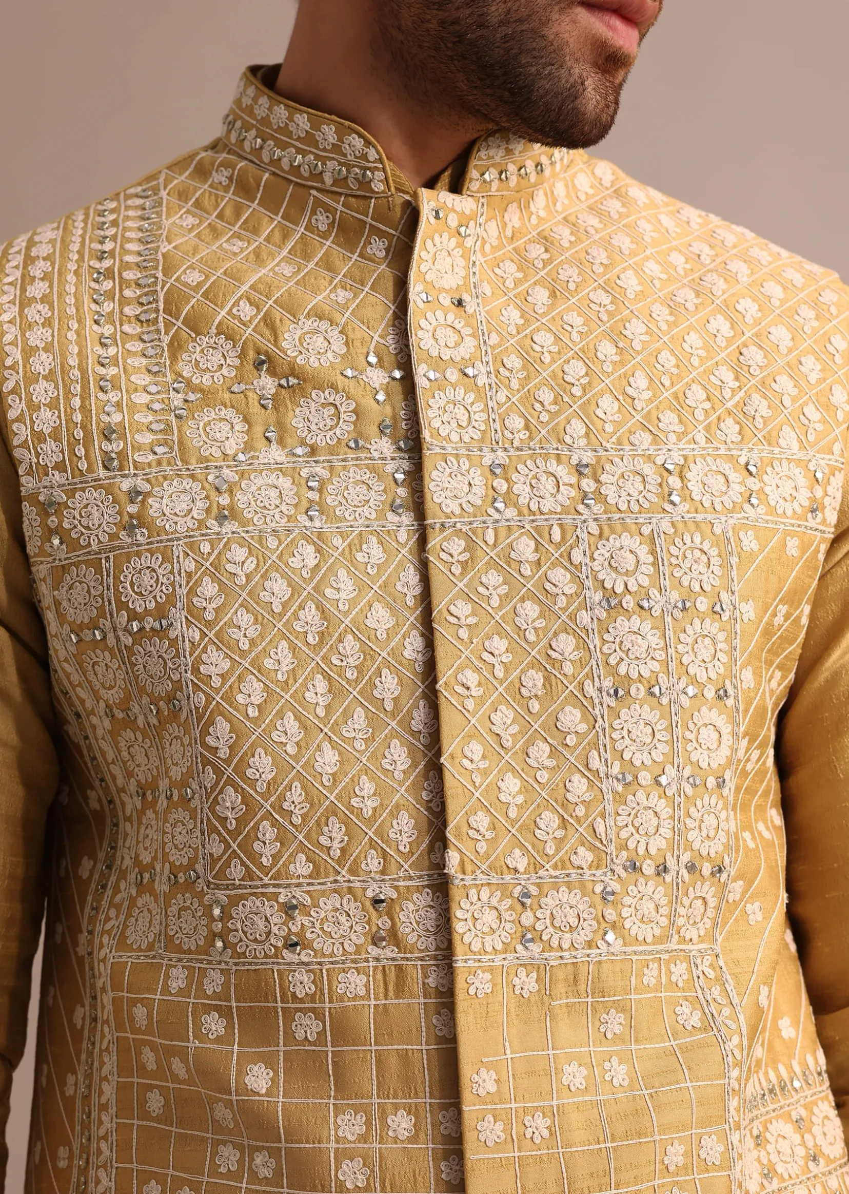 Yellow Kurta Set With Thread And Mirror Embroidered Jacket