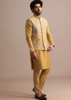 Yellow Kurta Set With Thread And Mirror Embroidered Jacket