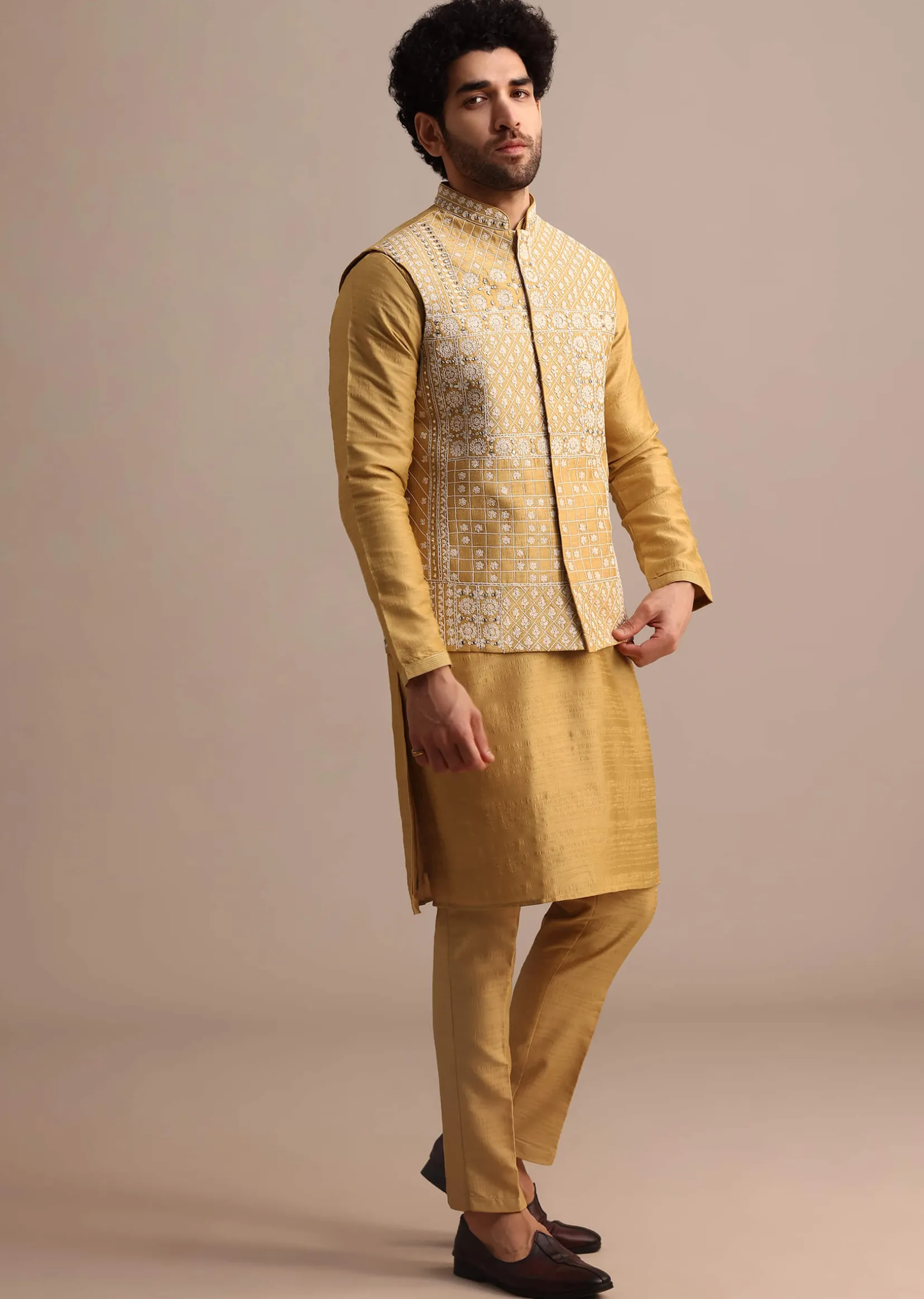 Yellow Kurta Set With Thread And Mirror Embroidered Jacket