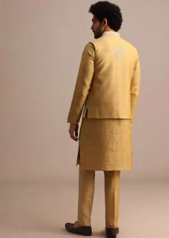 Yellow Kurta Set With Thread And Mirror Embroidered Jacket