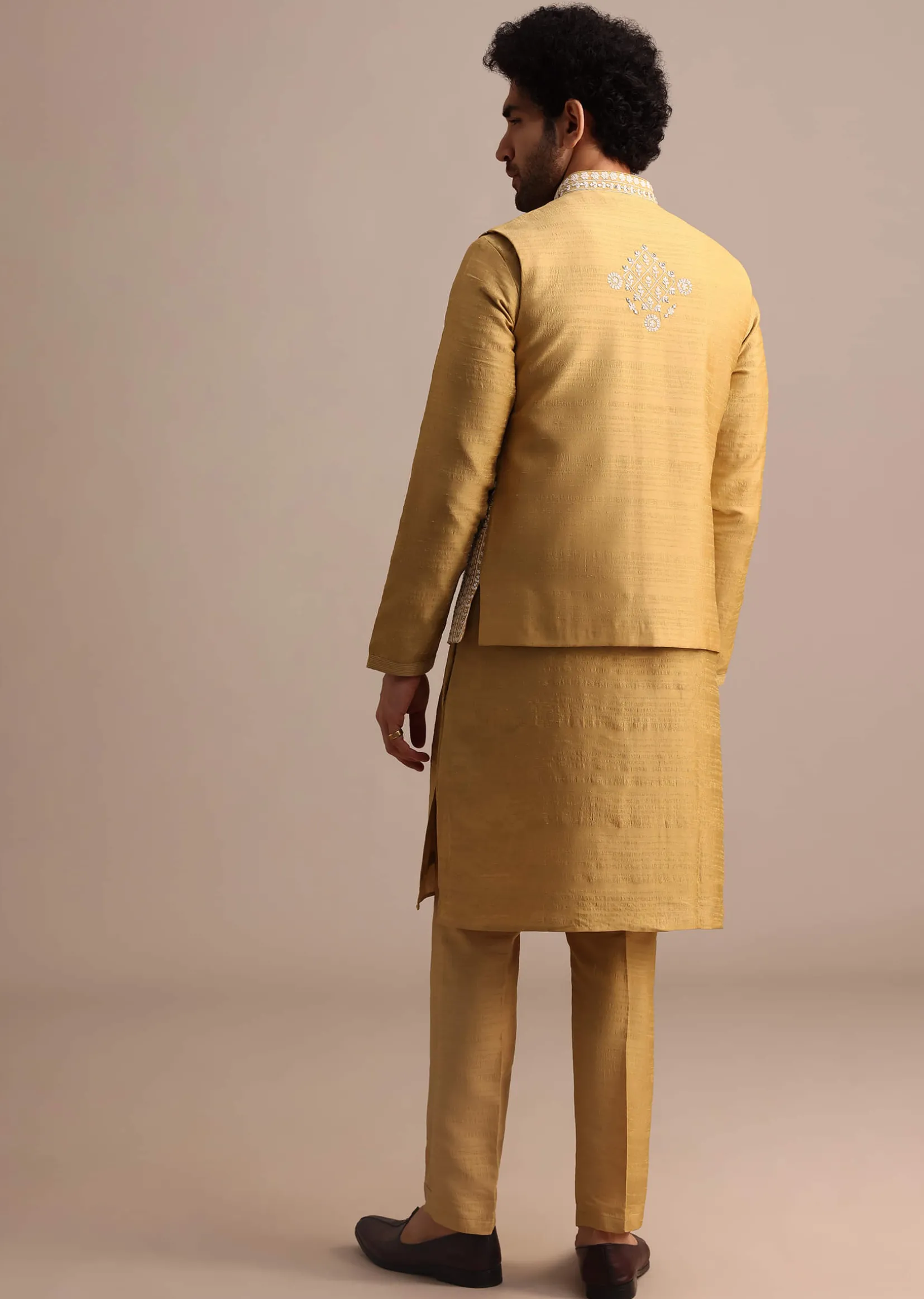 Yellow Kurta Set With Thread And Mirror Embroidered Jacket