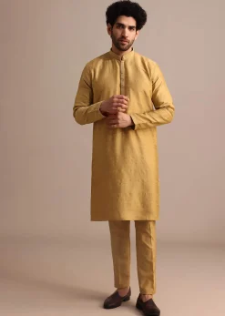 Yellow Kurta Set With Thread And Mirror Embroidered Jacket