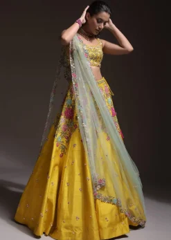 Yellow Lehenga Choli In Raw Silk With Resham, Cut Dana And Sequins Embroidered Summertime Blossoms