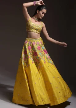 Yellow Lehenga Choli In Raw Silk With Resham, Cut Dana And Sequins Embroidered Summertime Blossoms