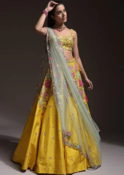 Yellow Lehenga Choli In Raw Silk With Resham, Cut Dana And Sequins Embroidered Summertime Blossoms