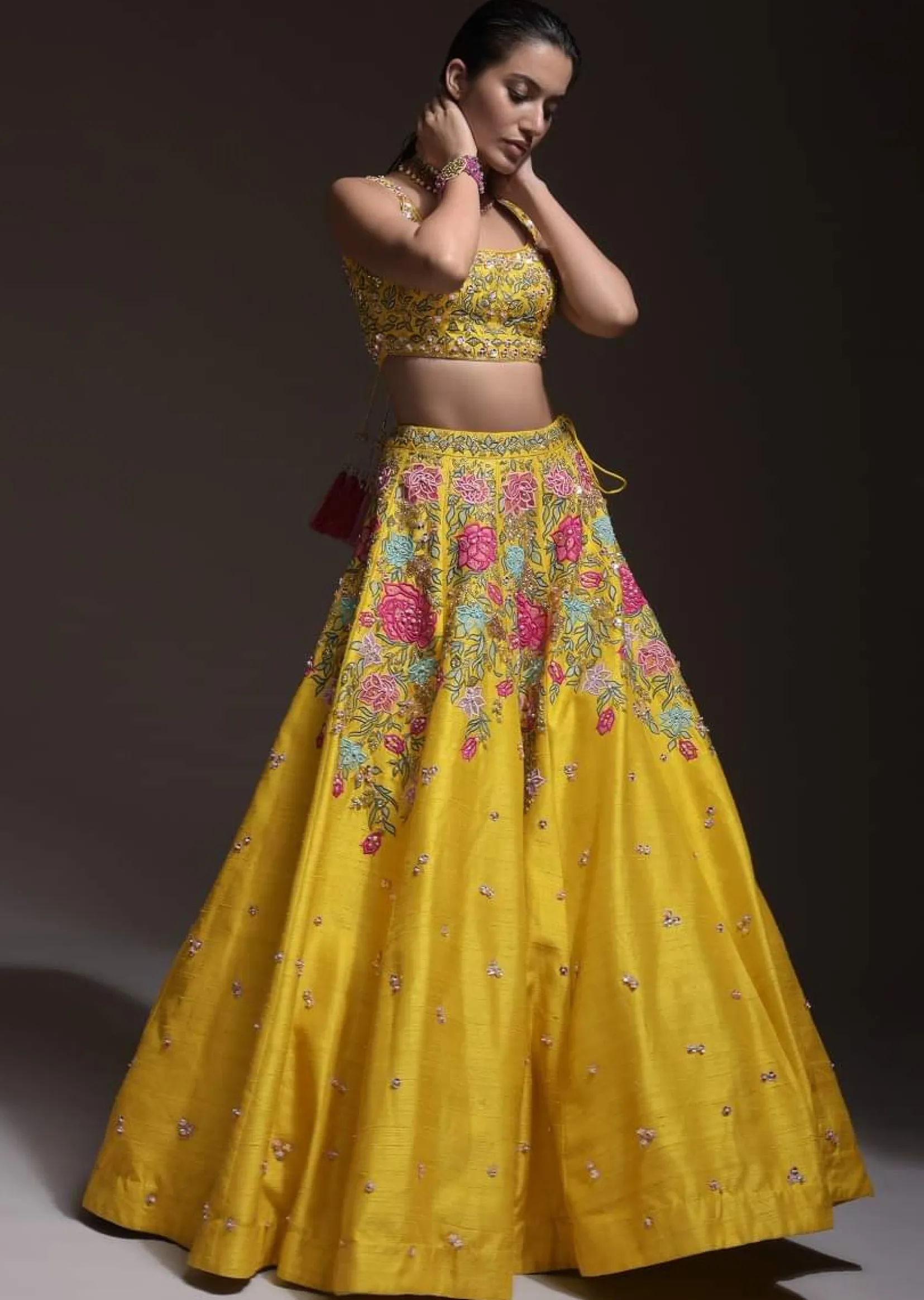 Yellow Lehenga Choli In Raw Silk With Resham, Cut Dana And Sequins Embroidered Summertime Blossoms