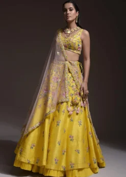 Yellow Lehenga Choli In Raw Silk With Resham, Cut Dana And Sequins Embroidered Summertime Blossoms