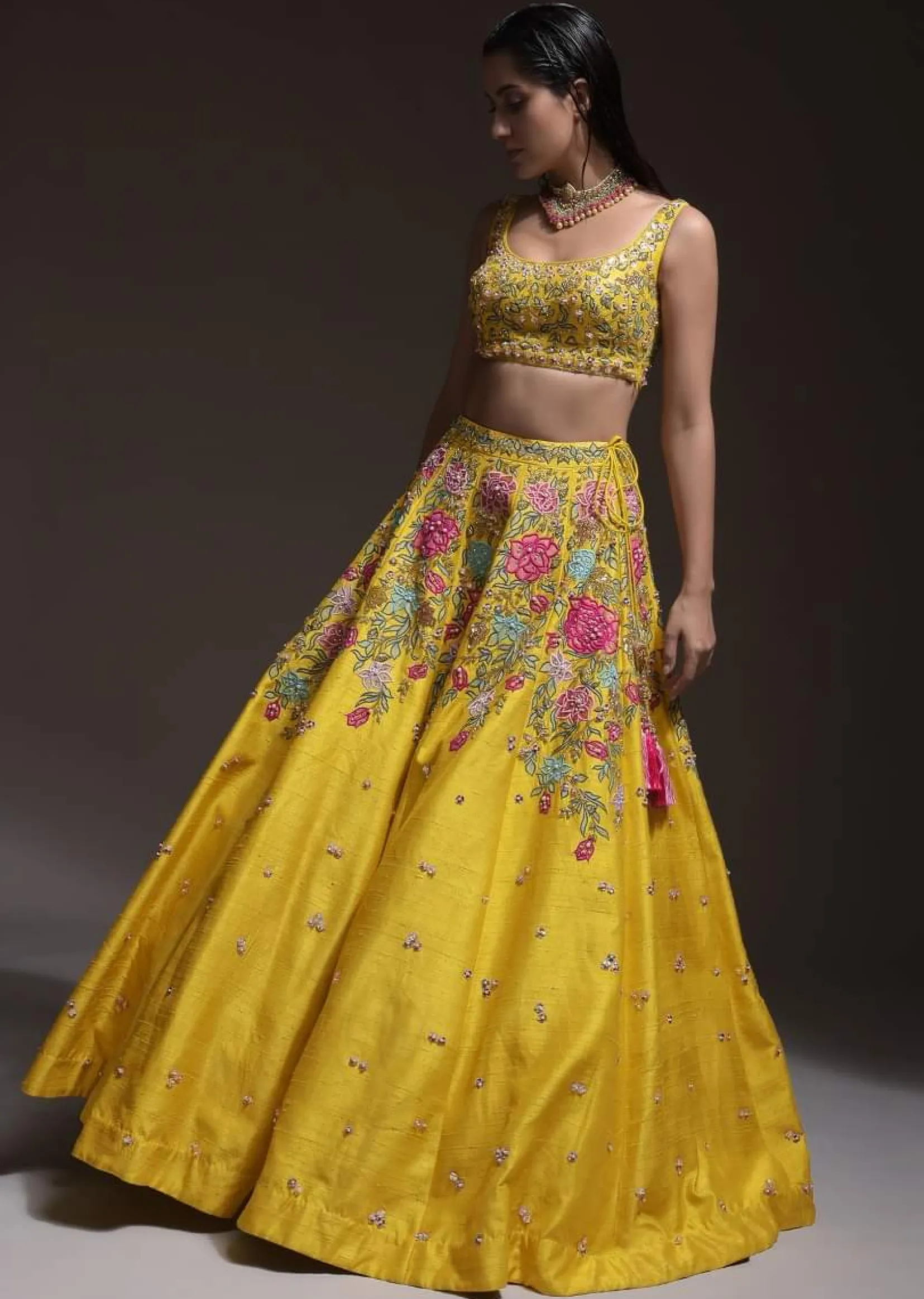 Yellow Lehenga Choli In Raw Silk With Resham, Cut Dana And Sequins Embroidered Summertime Blossoms