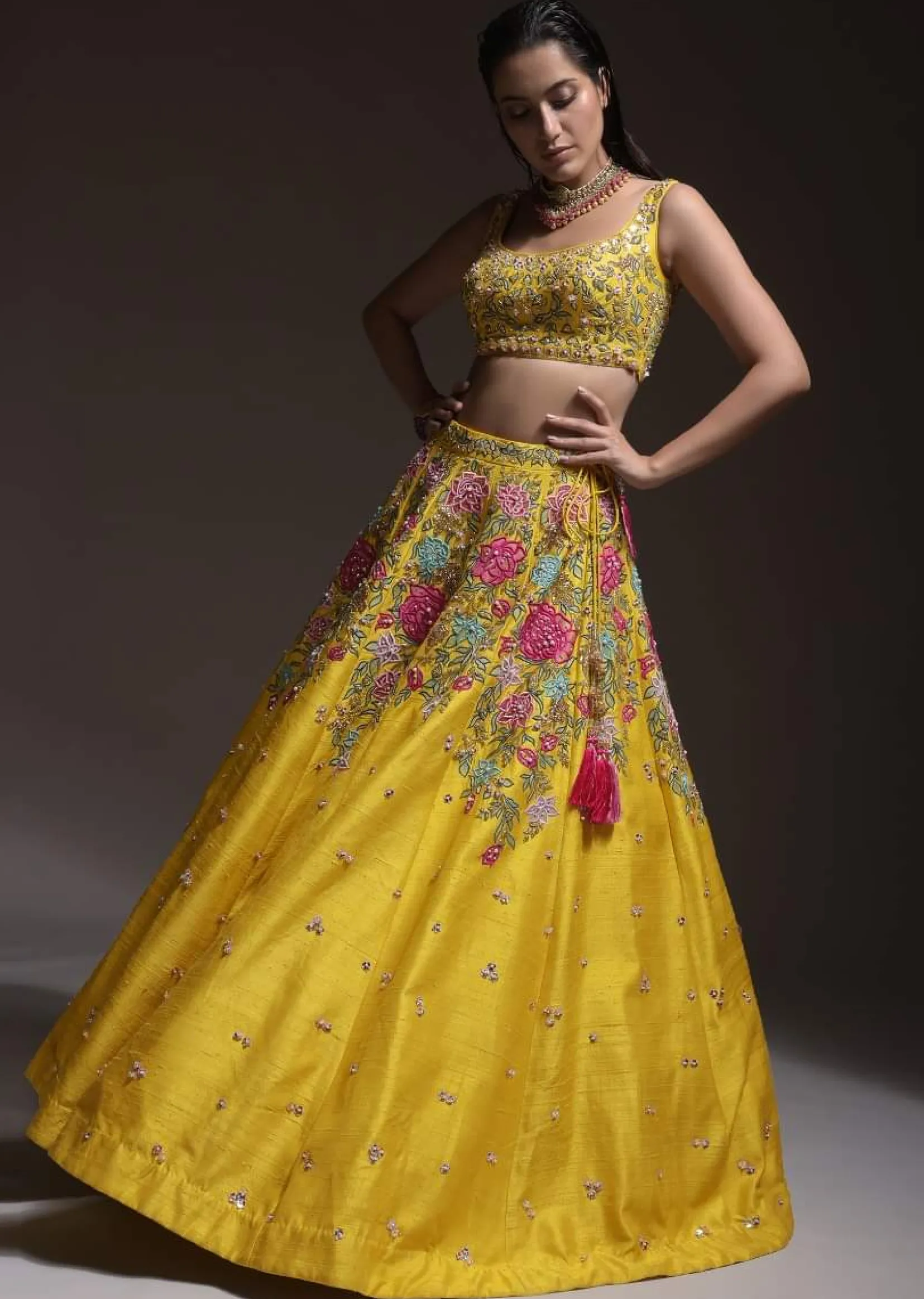 Yellow Lehenga Choli In Raw Silk With Resham, Cut Dana And Sequins Embroidered Summertime Blossoms