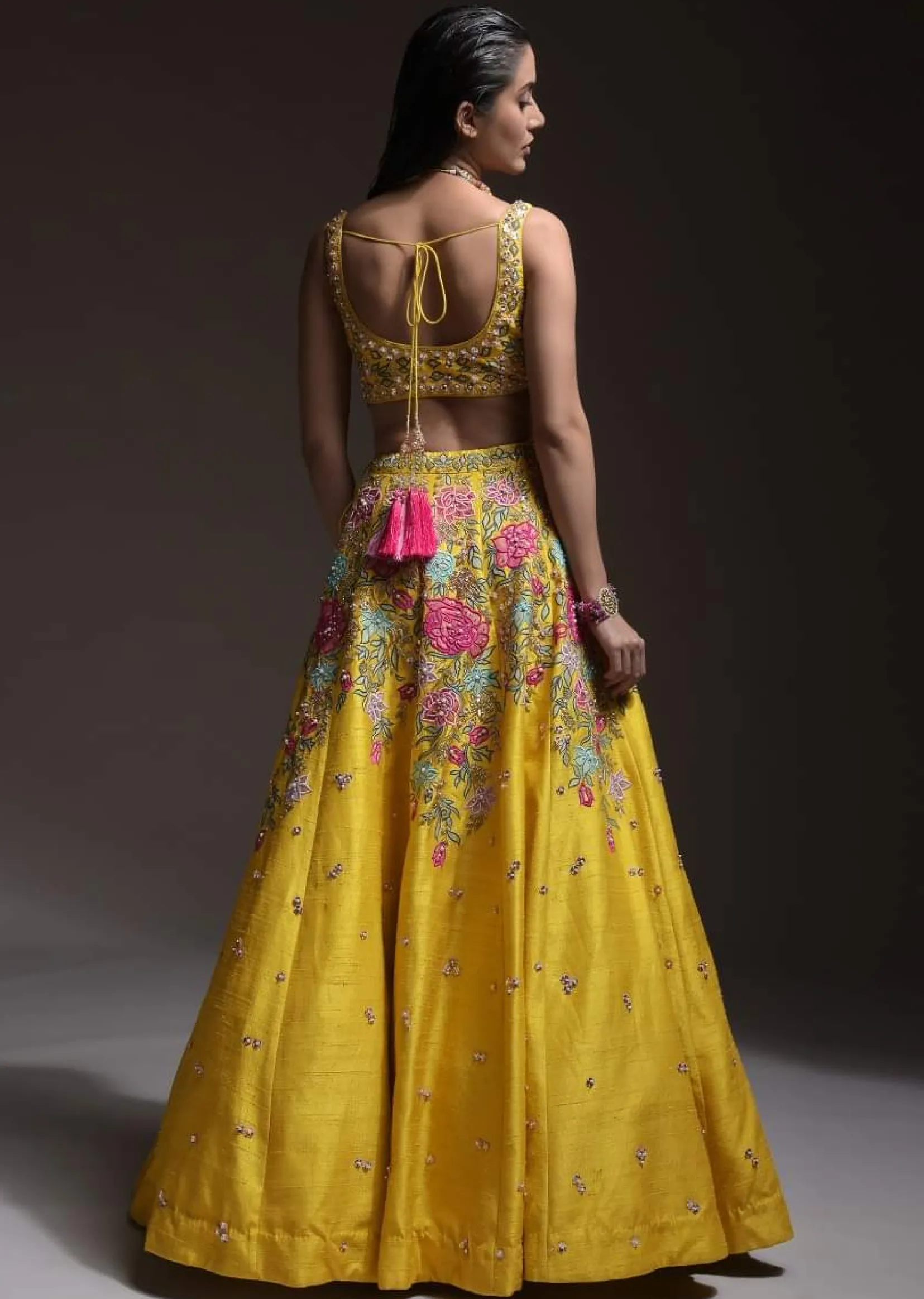 Yellow Lehenga Choli In Raw Silk With Resham, Cut Dana And Sequins Embroidered Summertime Blossoms