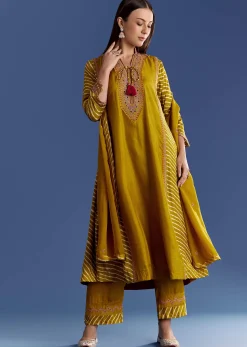 Yellow Leheriya Kurta Set With Zari And Butti Dupatta