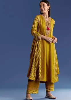 Yellow Leheriya Kurta Set With Zari And Butti Dupatta