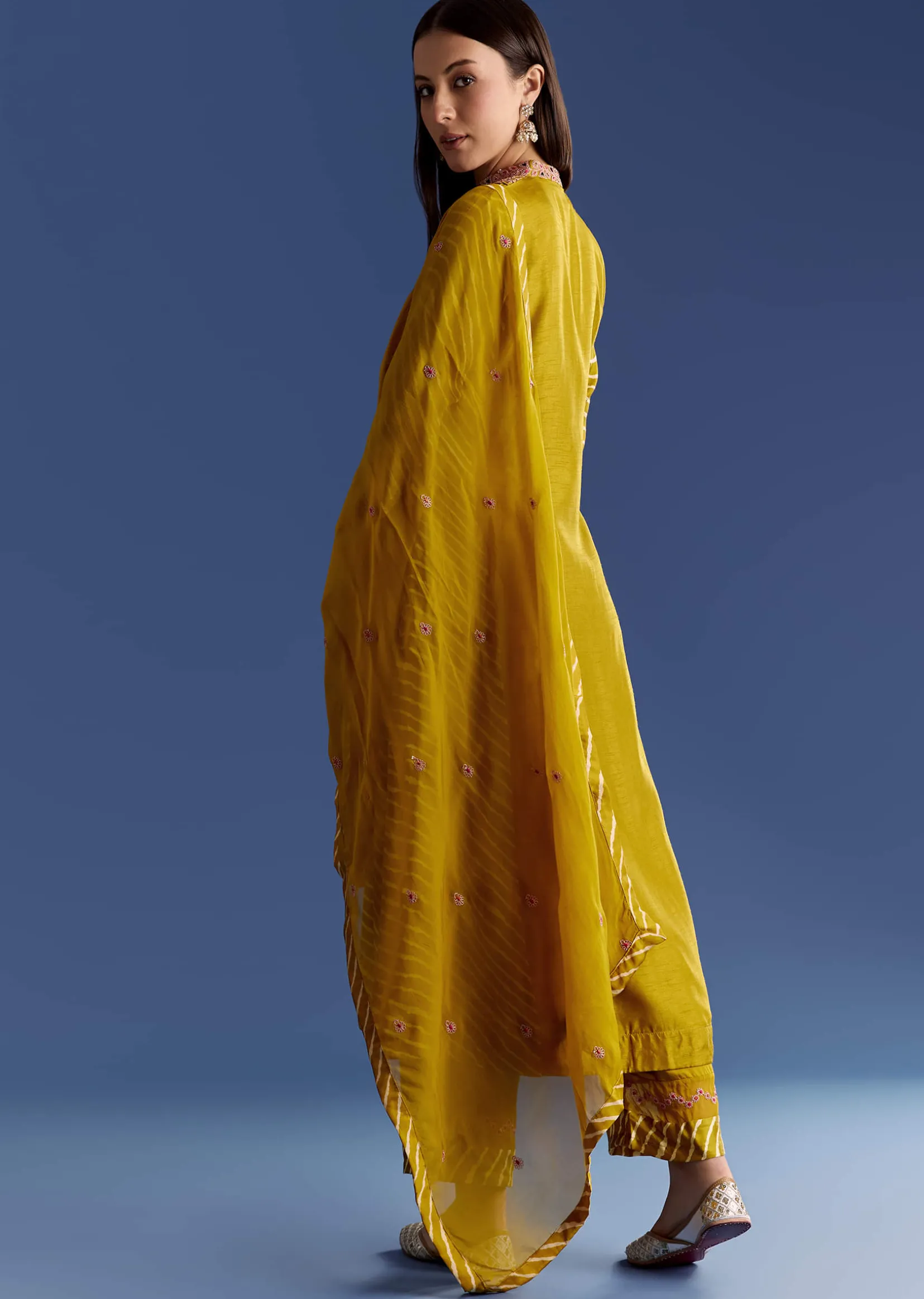 Yellow Leheriya Kurta Set With Zari And Butti Dupatta