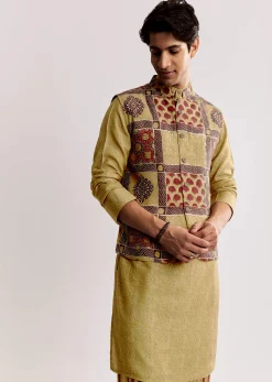 Yellow Linen Kurta Jacket Set With Ajrakh Print