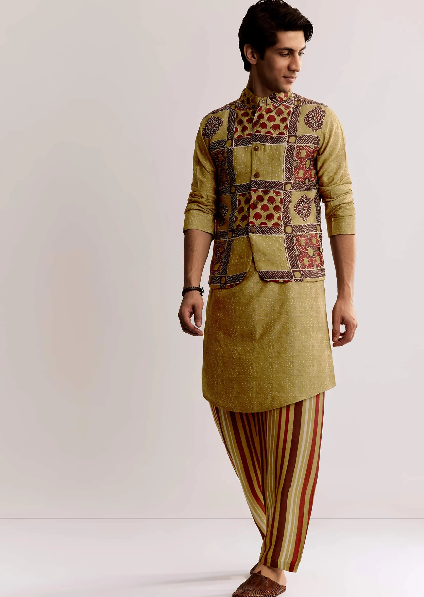 Yellow Linen Kurta Jacket Set With Ajrakh Print