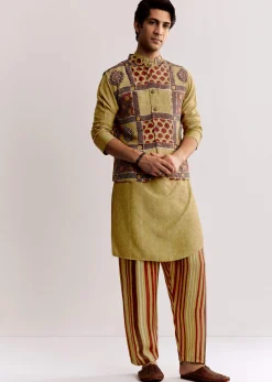 Yellow Linen Kurta Jacket Set With Ajrakh Print