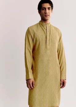 Yellow Linen Kurta Jacket Set With Ajrakh Print
