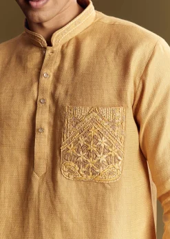Yellow Linen Kurta Set With Embroidered Thread