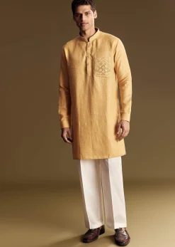 Yellow Linen Kurta Set With Embroidered Thread