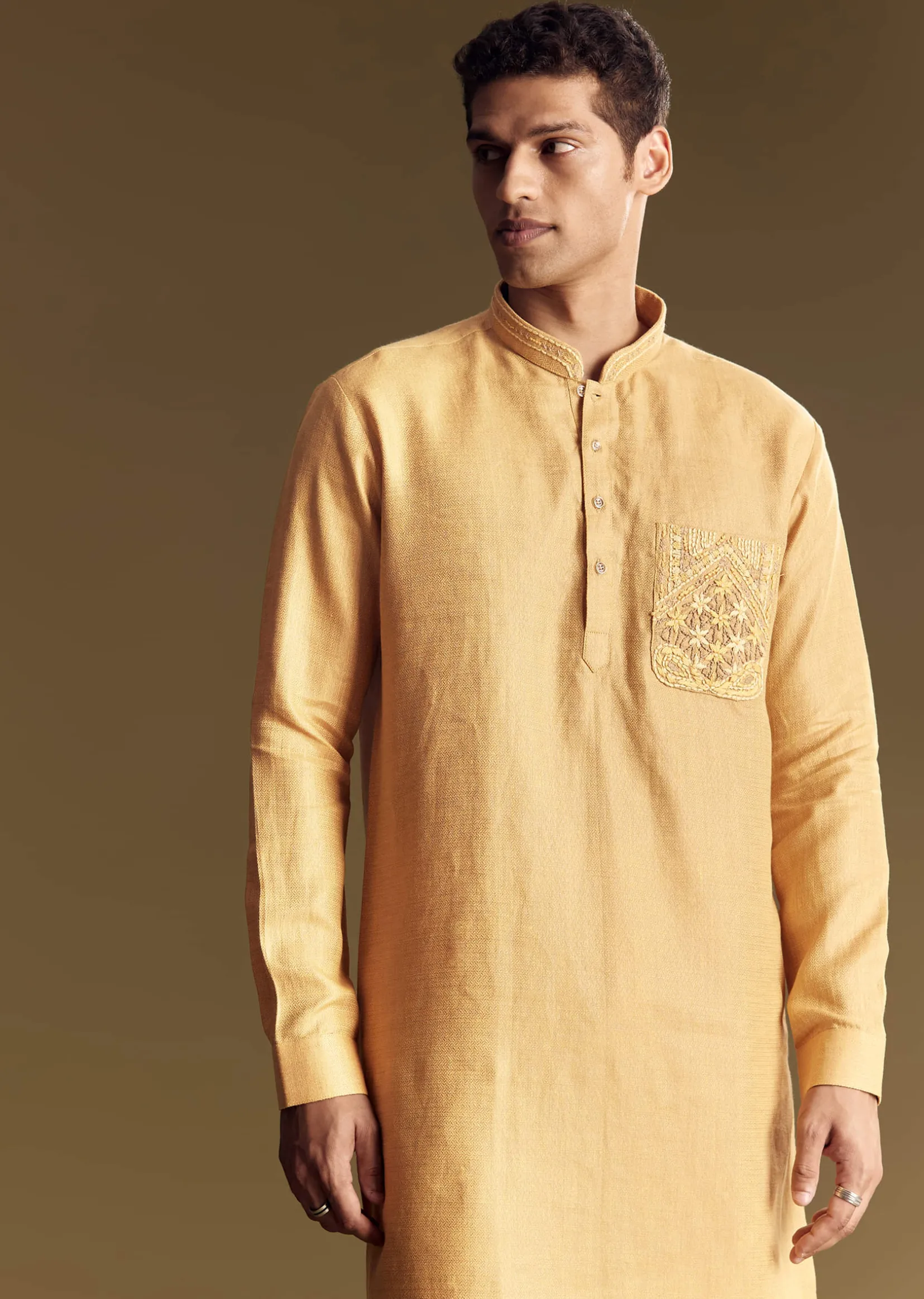 Yellow Linen Kurta Set With Embroidered Thread