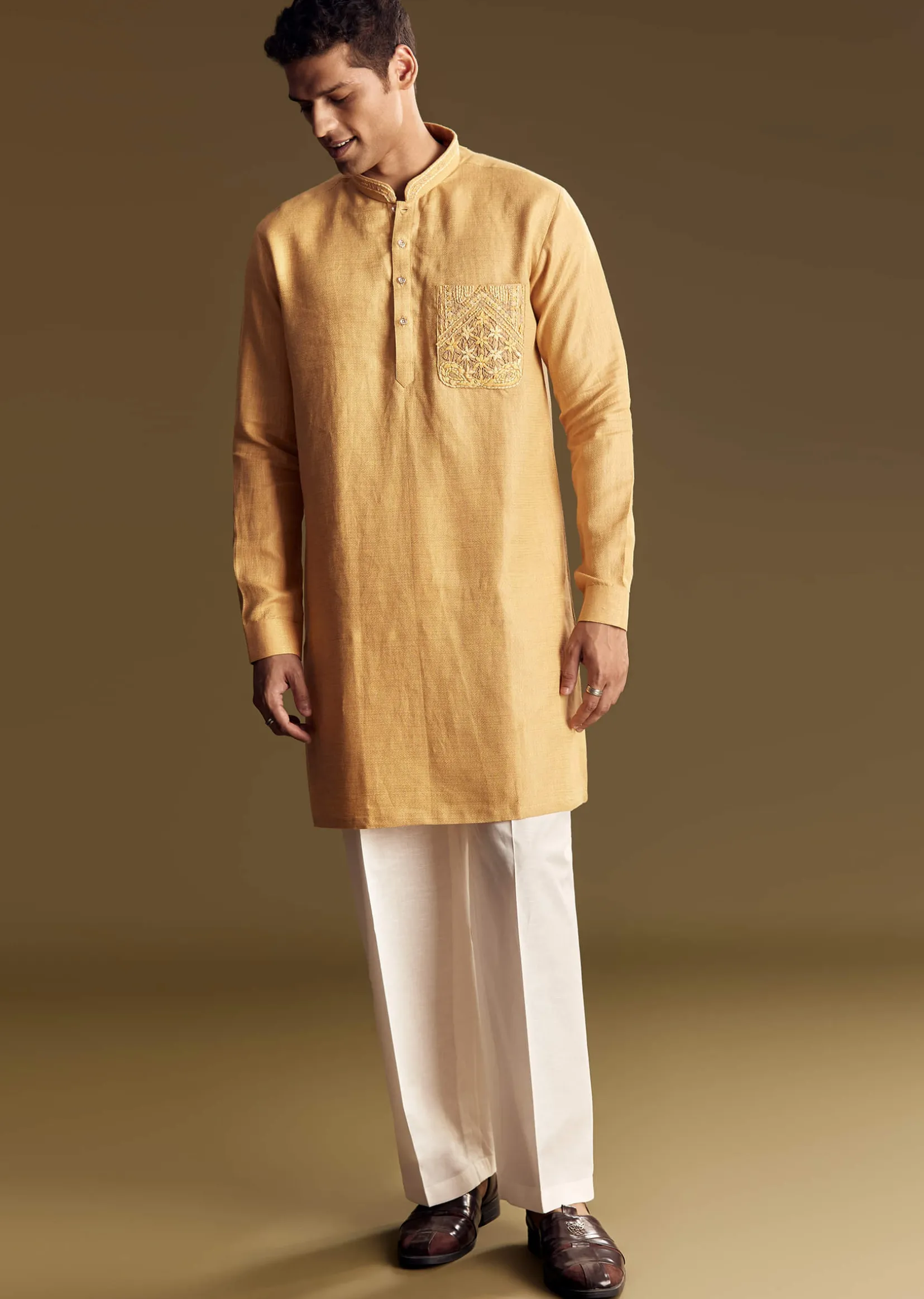 Yellow Linen Kurta Set With Embroidered Thread