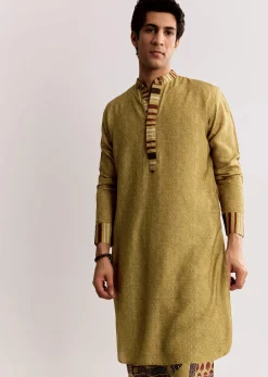 Yellow Linen Kurta Set With Ajrakh Print