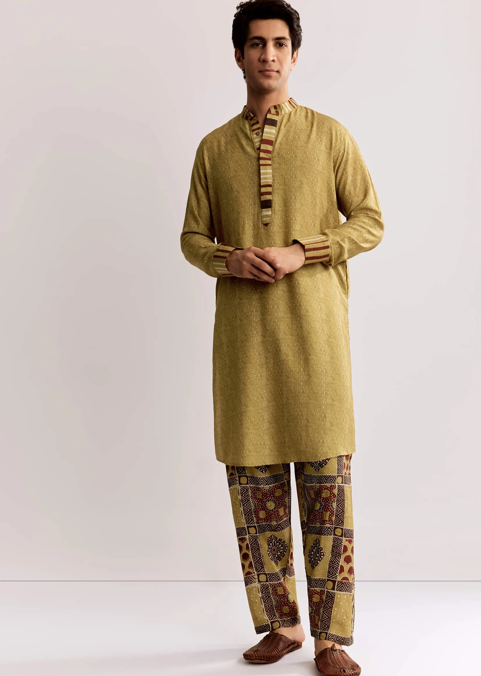 Yellow Linen Kurta Set With Ajrakh Print