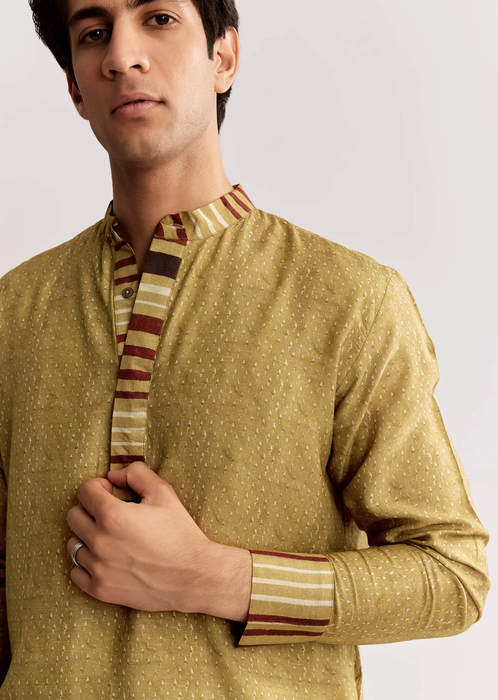 Yellow Linen Kurta Set With Ajrakh Print