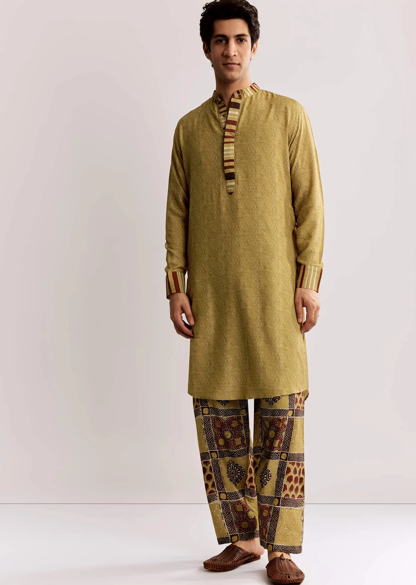 Yellow Linen Kurta Set With Ajrakh Print