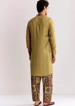 Yellow Linen Kurta Set With Ajrakh Print