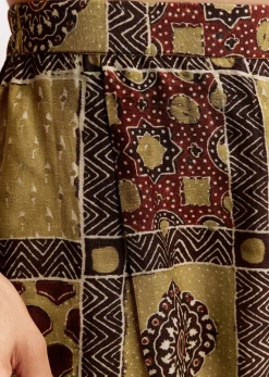 Yellow Linen Kurta Set With Ajrakh Print