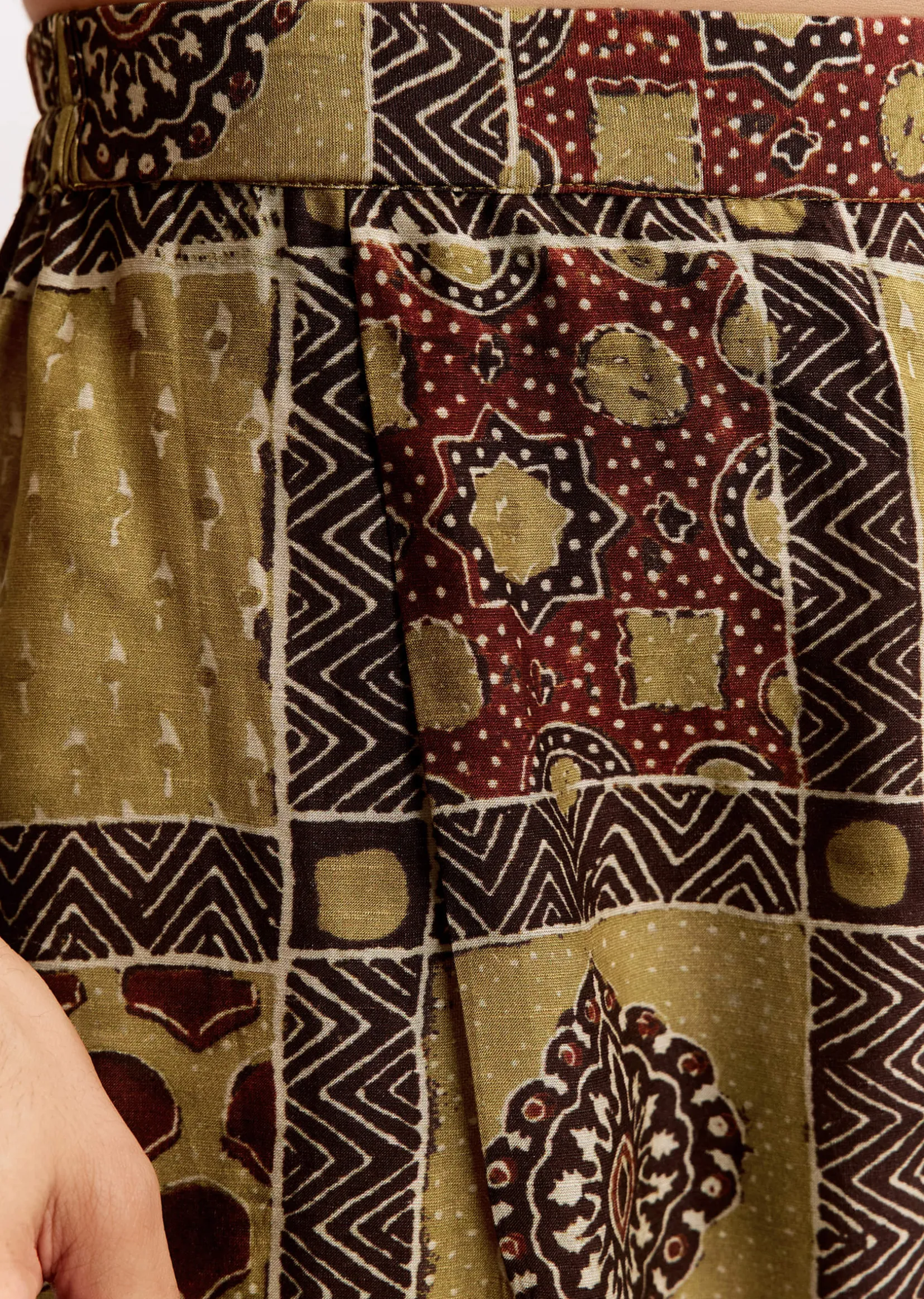 Yellow Linen Kurta Set With Ajrakh Print