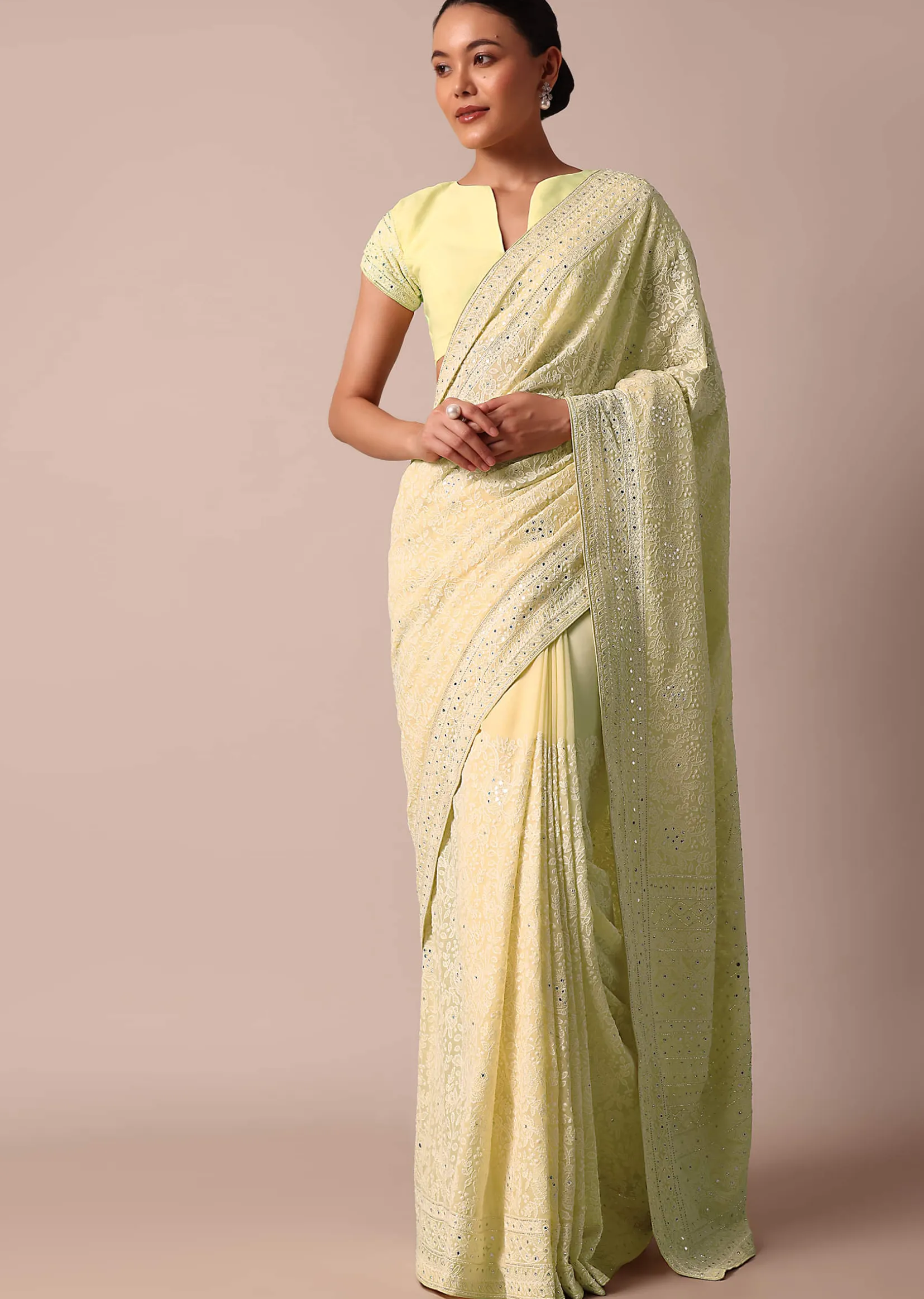 Yellow Lucknowi Chikankari Sequin Saree With Unstitched Blouse Piece