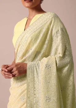 Yellow Lucknowi Chikankari Sequin Saree With Unstitched Blouse Piece