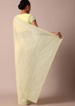 Yellow Lucknowi Chikankari Sequin Saree With Unstitched Blouse Piece