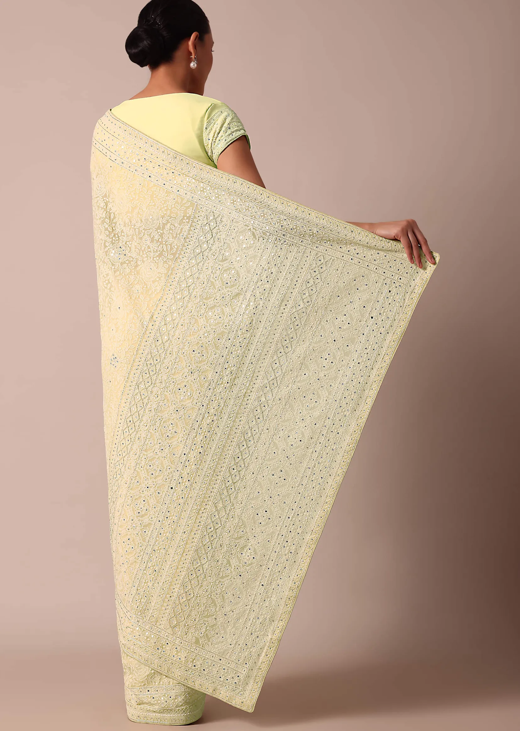 Yellow Lucknowi Chikankari Sequin Saree With Unstitched Blouse Piece