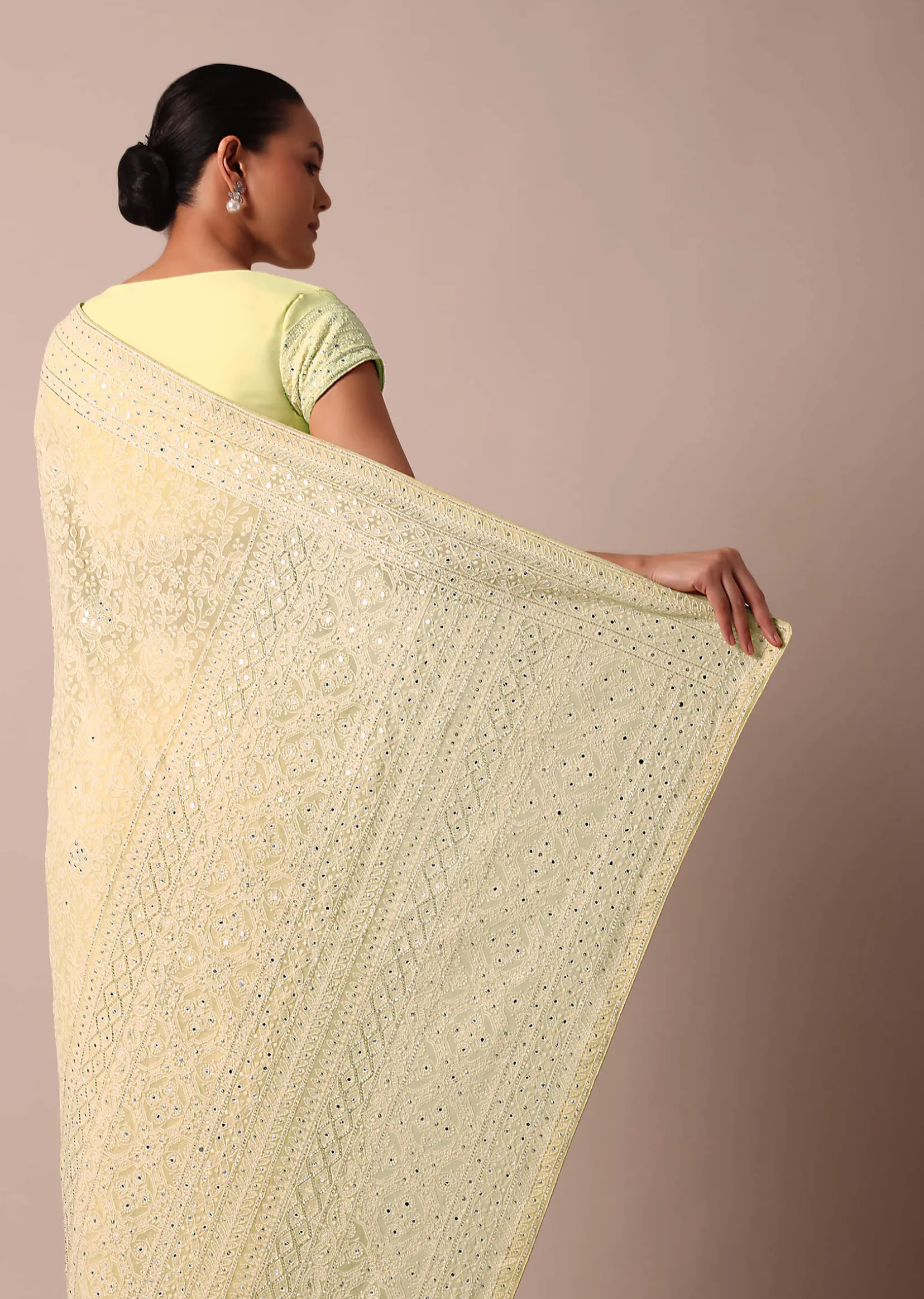 Yellow Lucknowi Chikankari Sequin Saree With Unstitched Blouse Piece