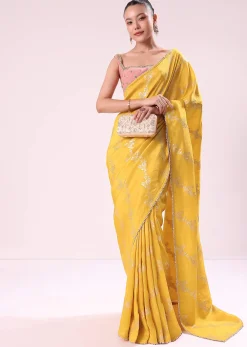 Yellow Lurex Dola Saree With Gold Beaded Embroidered Stitched Blouse