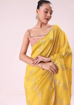 Yellow Lurex Dola Saree With Gold Beaded Embroidered Stitched Blouse