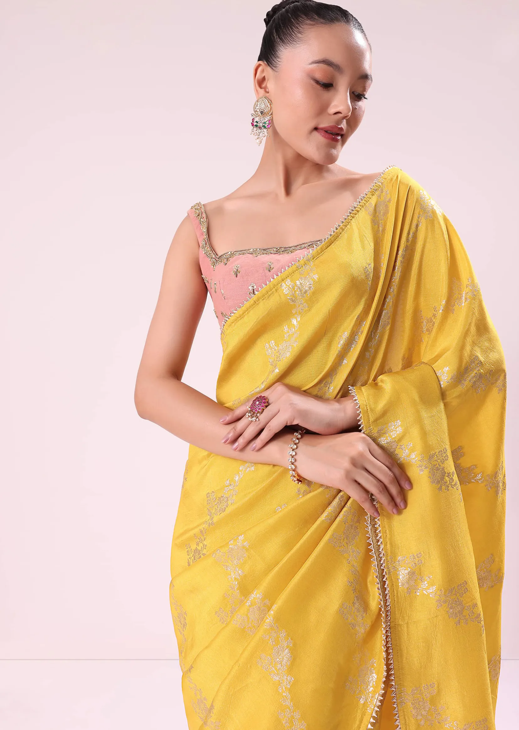 Yellow Lurex Dola Saree With Gold Beaded Embroidered Stitched Blouse