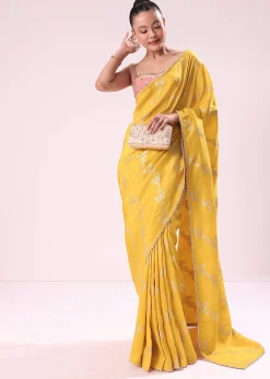 Yellow Lurex Dola Saree With Gold Beaded Embroidered Stitched Blouse