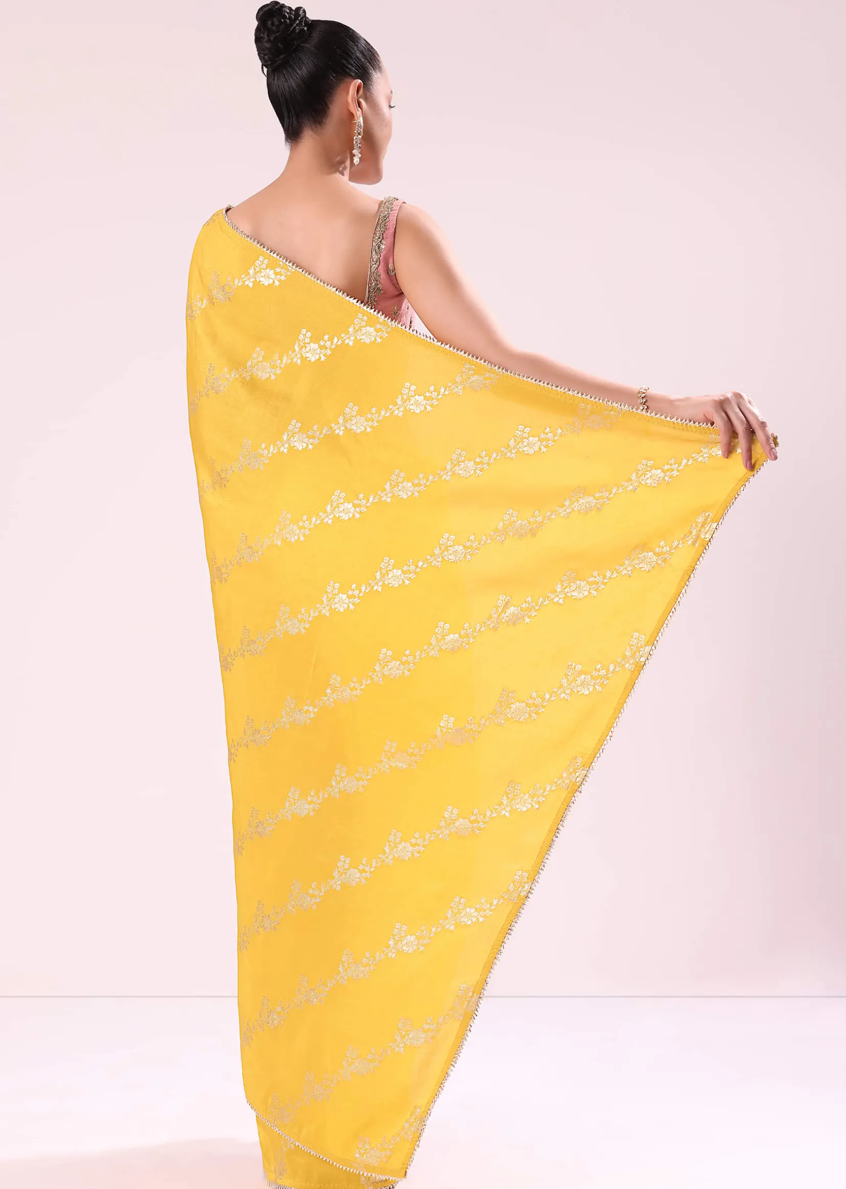 Yellow Lurex Dola Saree With Gold Beaded Embroidered Stitched Blouse