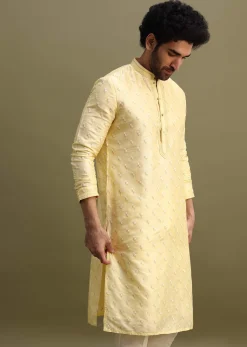 Yellow Men Kurta Set With Threadwork
