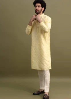 Yellow Men Kurta Set With Threadwork