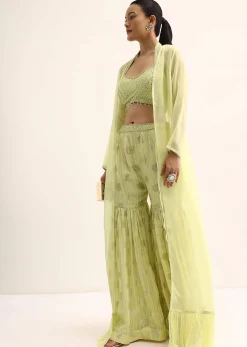 Yellow Mirror Crop Top With Jacket And Sharara